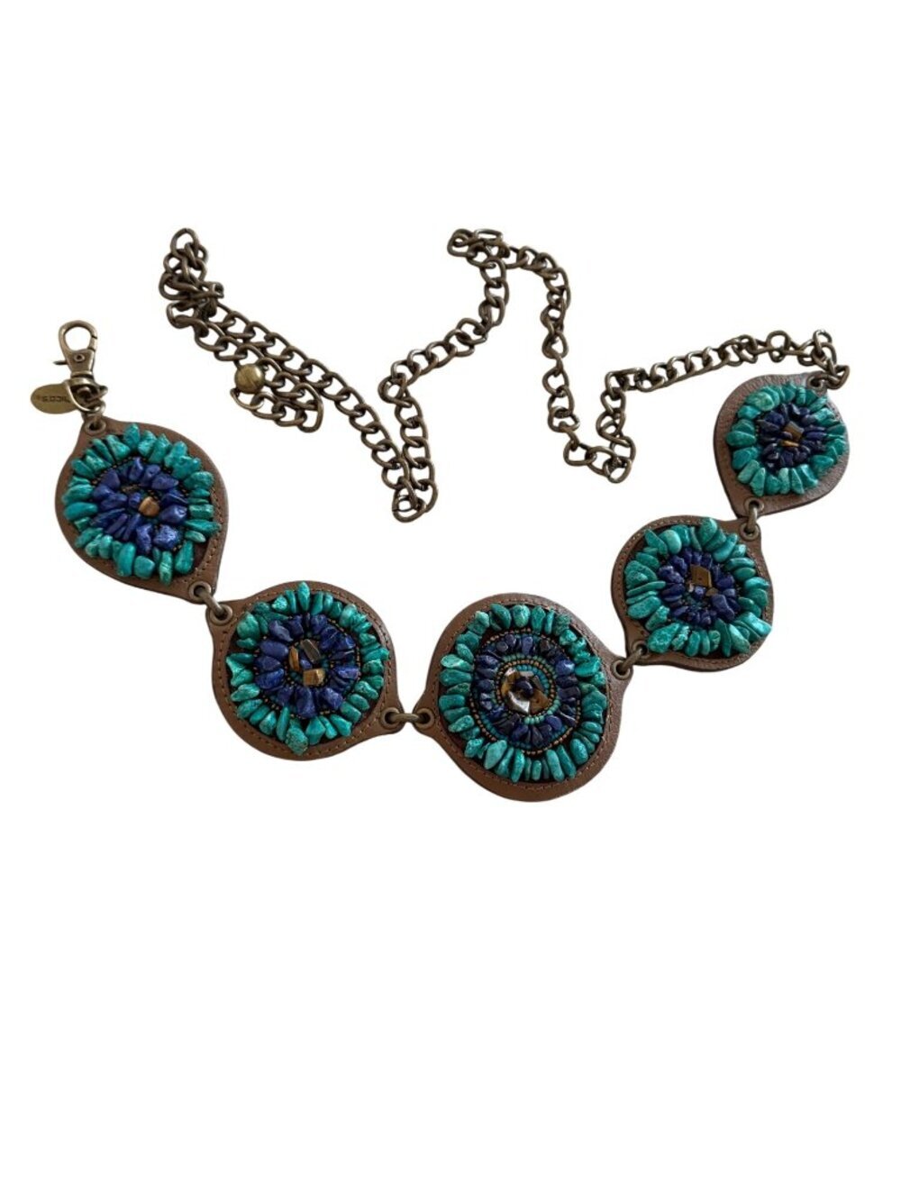 Chicos Womens Beaded Stone Medallion Chain Belt One Size Blue Southwestern